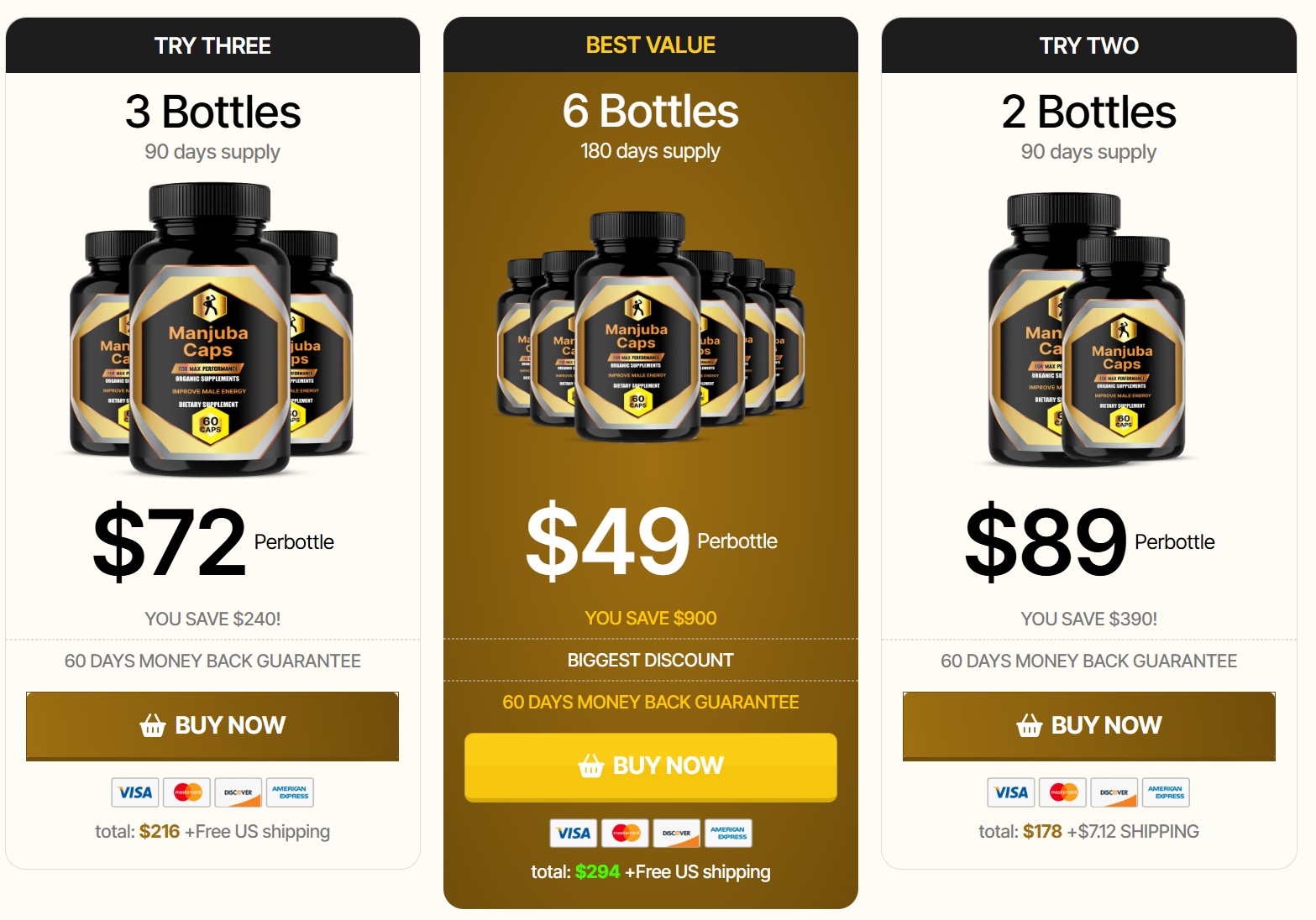 Manjuba Drops pricing — 3 bottles, 6 bottles best value, or 2 bottles. All packages include 60-day money-back guarantee.